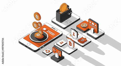Digital currency and cryptocurrency concept with Bitcoin symbols and mobile devices.