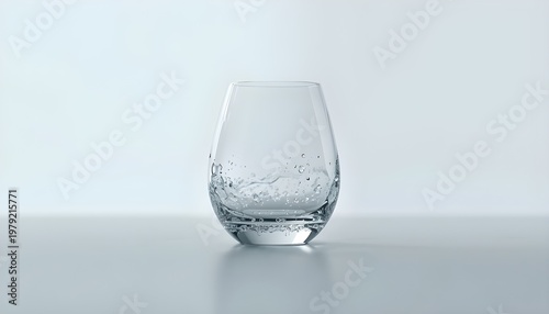 Empty Crystal Water Glass with Droplets on Minimalist Grey Table Background