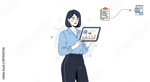 Businesswoman analyzing data on tablet, comparing reports, and searching information online.