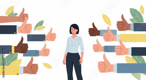 Woman Surrounded By Thumbs Up Hands.