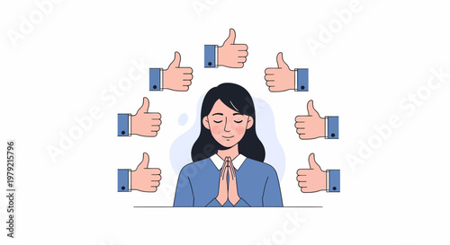 Woman Surrounded by Thumbs Up Icons.