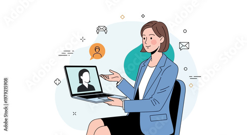 Businesswoman on video call, laptop, online communication, remote work, professional meeting