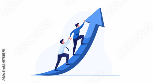Two businessmen climbing growth arrow.