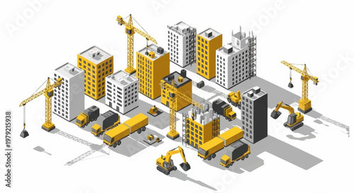 Foto Isometric view of a city under construction with cranes, excavators, and trucks