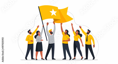 Diverse group of people holding flag.