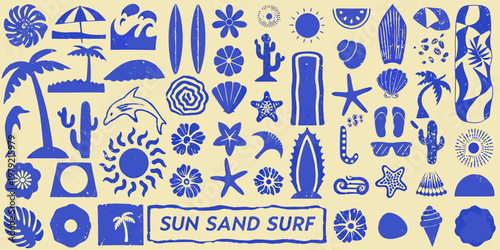 A blue collection of summer icons including surfboards plants and sea life