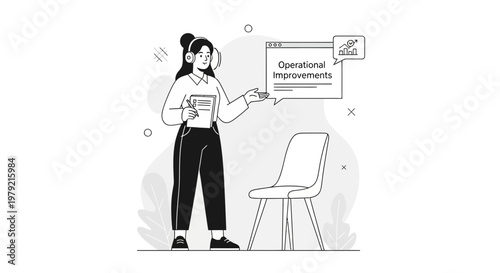 Businesswoman presenting operational improvements with checklist and headset