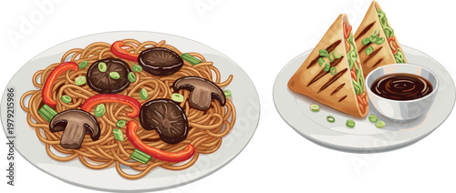 Delicious noodle stir fry with mushrooms and vegetable sandwich vector illustration set Asian cuisine and fast food meal isolated