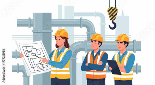 Three construction workers with safety gear.