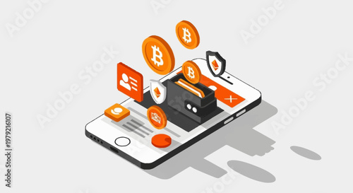 Digital cryptocurrency wallet on a smartphone screen with Bitcoin symbols and security icons, illustrating online financial transactions.
