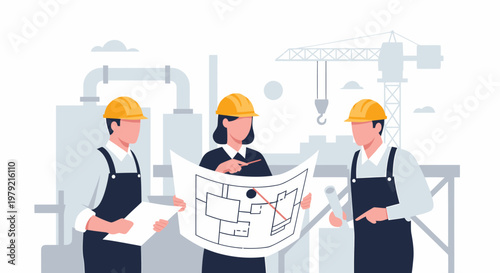 Three workers with yellow hard hats.