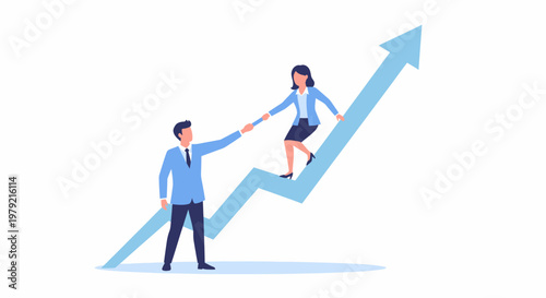 Businessman Helping Businesswoman Up Arrow Graph.