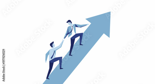 Two businessmen climbing up arrow graph.