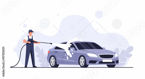 Man washing a car with hose.