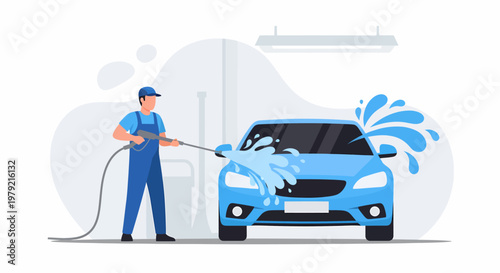 Man washing a blue car.