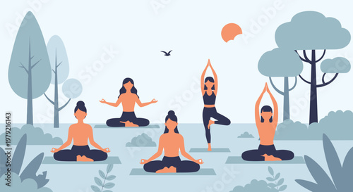 People doing yoga in various poses.