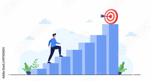 Businessman climbing up bar chart graph.