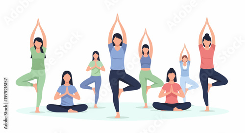 Women practicing yoga poses together outside.