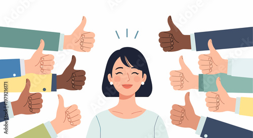 Woman Surrounded by Thumbs Up Approval.
