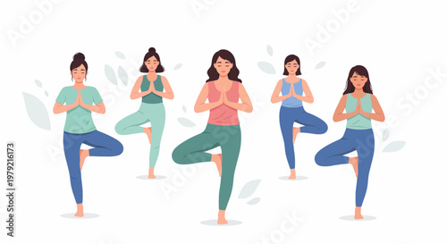 Women in yoga tree pose.