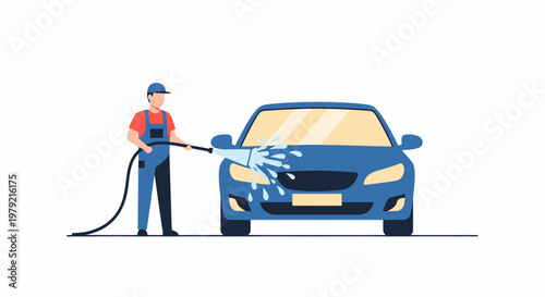 Man washing blue car with hose.