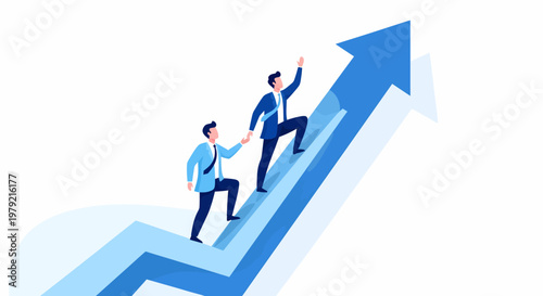 Two businessmen climbing up arrow graph.