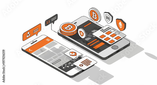Digital currency transactions and security on mobile phones with blockchain technology and cryptocurrency icons.