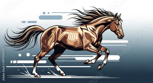 Brown horse running with flowing mane and tail dynamic motion with white highlights on a gradient background