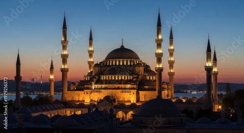 Blue hour of sultan ahmed with illuminated minarets and city skyline
