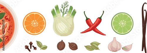 Food ingredients illustration set with orange fennel chili lime garlic spices and vanilla isolated on white background, cooking vector collection