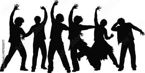 Dancing people silhouettes party celebration set isolated on white background