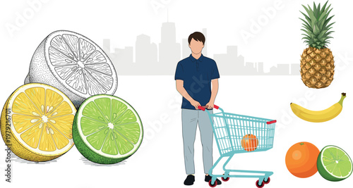 Fresh fruit shopping illustration with man pushing cart and citrus slices pineapple banana and orange isolated on white background