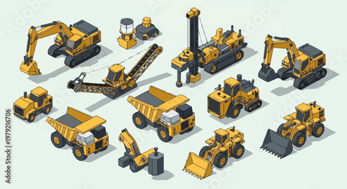 Collection of isometric construction and mining vehicles and equipment, rendered in yellow and grey.