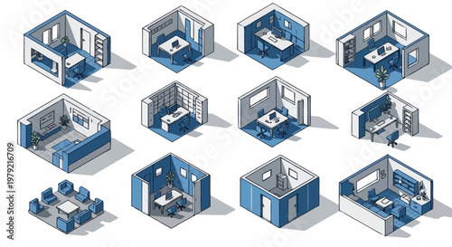 Isometric illustrations of various office room layouts and designs, showcasing different furniture arrangements and interior styles.