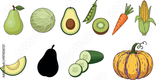 Fresh Fruits and Vegetables Collection with Pear, Avocado, Cucumber, Carrot, Pumpkin, and More for Healthy Food, Organic, and Agriculture Illustrations