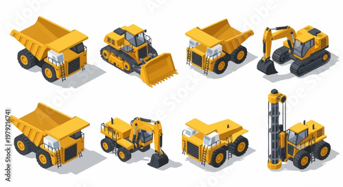 Set of isometric construction vehicles and heavy machinery on a white background.