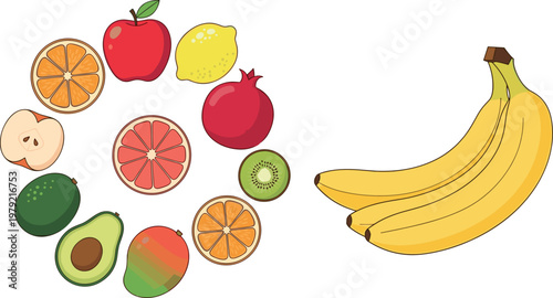 Fresh fruits collection vector illustration including banana apple citrus kiwi mango avocado and pomegranate colorful healthy food set isolated