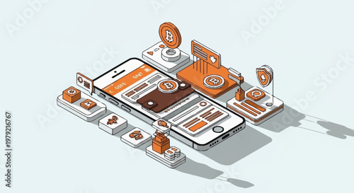 Digital currency mobile application interface with cryptocurrency icons and blockchain elements, representing financial technology.