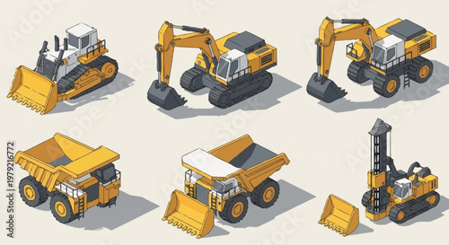 Collection of isometric construction and mining vehicles including excavators, dump trucks, and a bulldozer.
