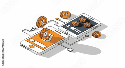 Digital Bitcoin transfer between two smartphones using cryptocurrency.