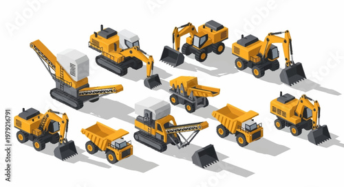 Collection of isometric construction vehicles and heavy machinery on a white background.