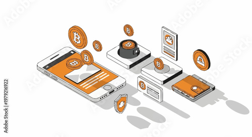 Digital currency concept with smartphone, hardware wallet, and Bitcoin symbols, representing financial technology and online transactions.