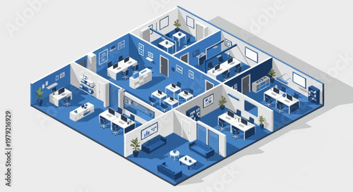 Isometric view of a modern office floor plan with cubicles, meeting rooms, and reception area.