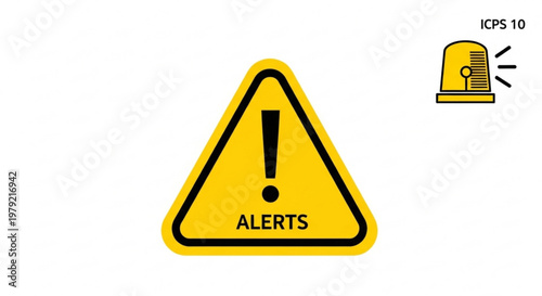 A vector graphic illustration of a warning sign with an exclamation mark and a siren icon on a white background