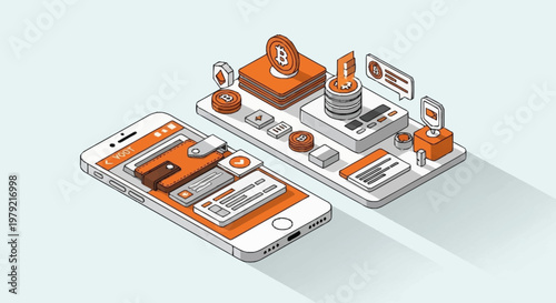 Isometric illustration of a smartphone displaying a cryptocurrency trading app interface with Bitcoin symbols and financial elements.