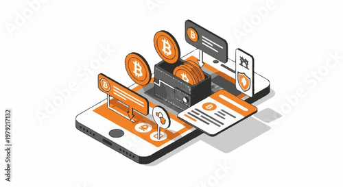 Digital cryptocurrency concept with Bitcoin symbols and mobile interface elements.
