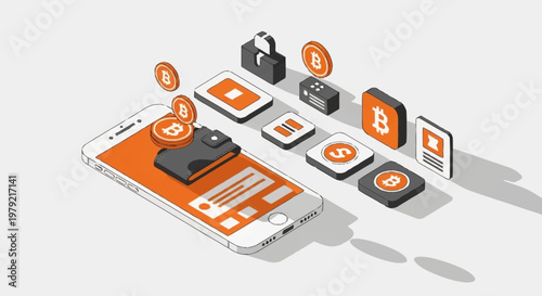 Digital cryptocurrency wallet on a smartphone with Bitcoin symbols and blockchain elements.