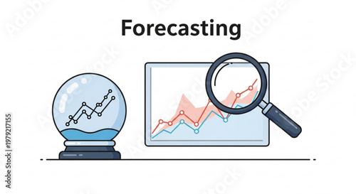 A vector graphic illustration of a crystal ball and a computer screen displaying a graph with a magnifying glass, representing forecasting and data analysis.