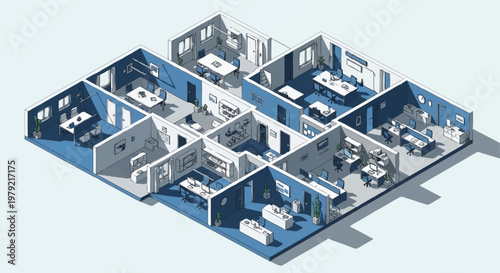 Isometric view of a modern office floor plan with cubicles, meeting rooms, and reception area.