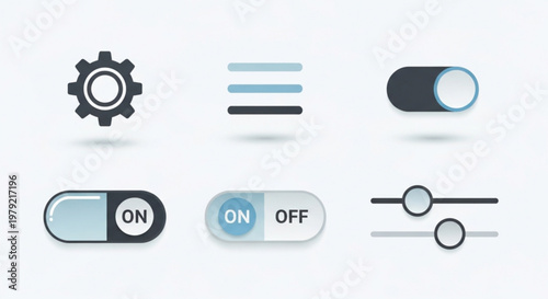 A set of modern UI icons featuring various toggle switches and settings controls in a flat design style